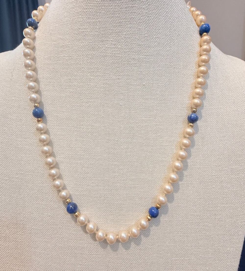 Vintage Faux Pearl & Blue Bead Necklace 24”
